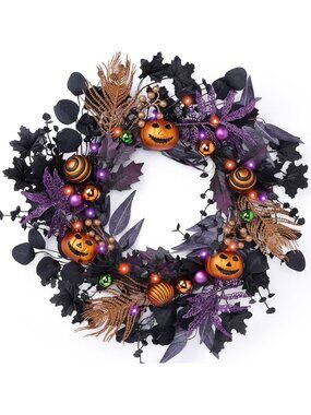 24" Pumpkin Halloween Wreath for Front Door Decor | Fall Harvest Home Accent
